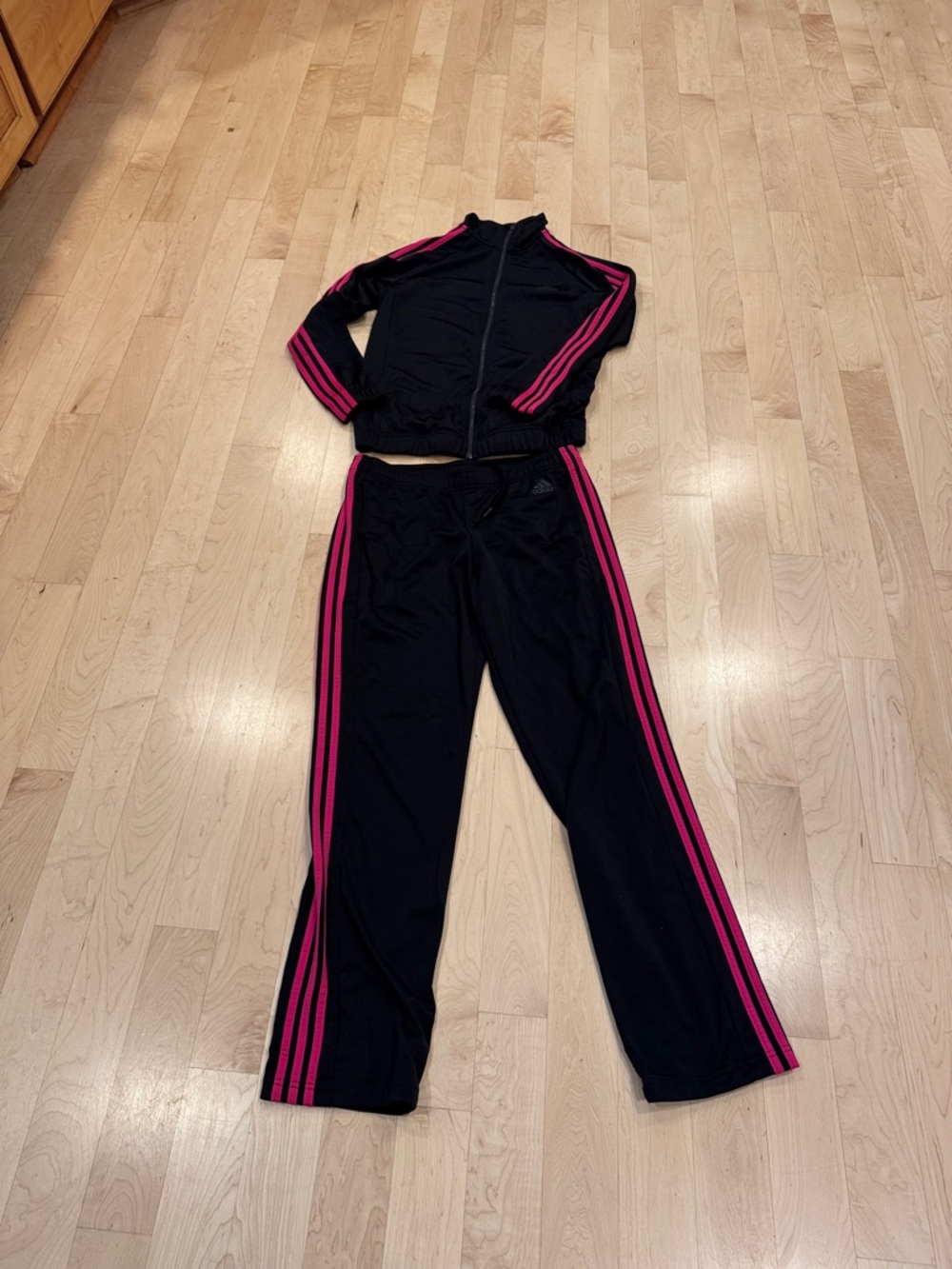 adidas Black Track Pants and jacket with Pink Stripe Detail